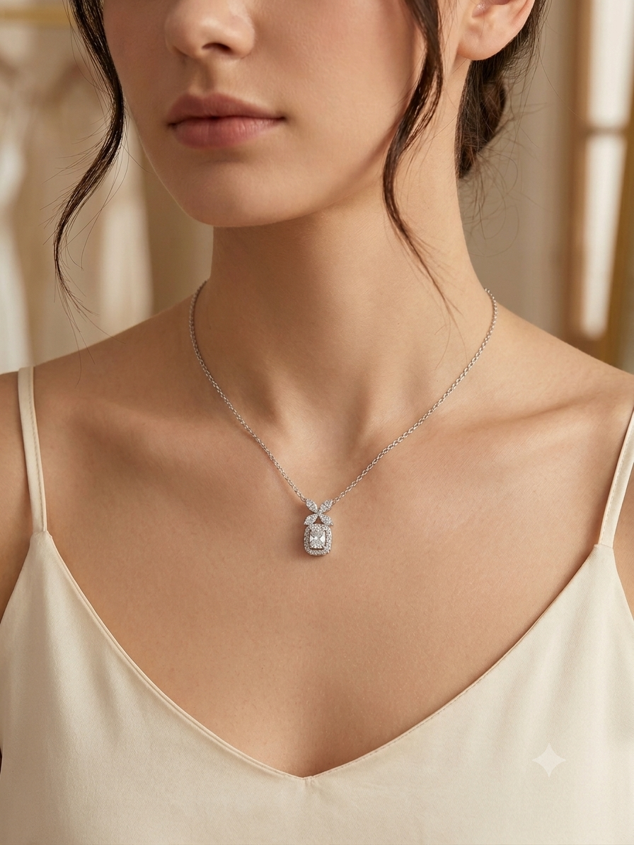 Kadın Moissanite Taş Detay Kare Tektaş ve Çiçek Model Gümüş Kolye 