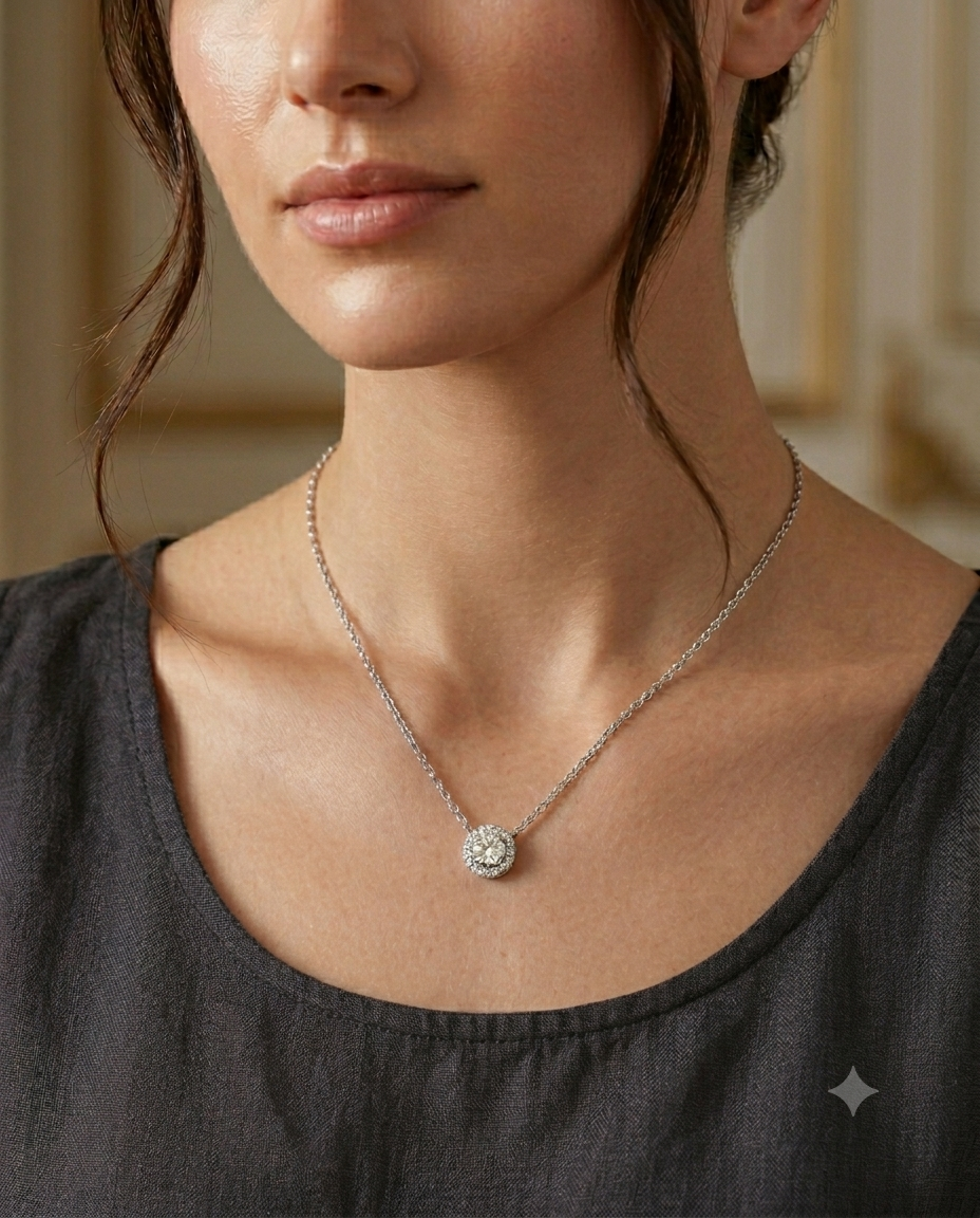 Kadın Moissanite Tek Taş ve Etrafı Sıralı Taş Detay Gümüş Kolye