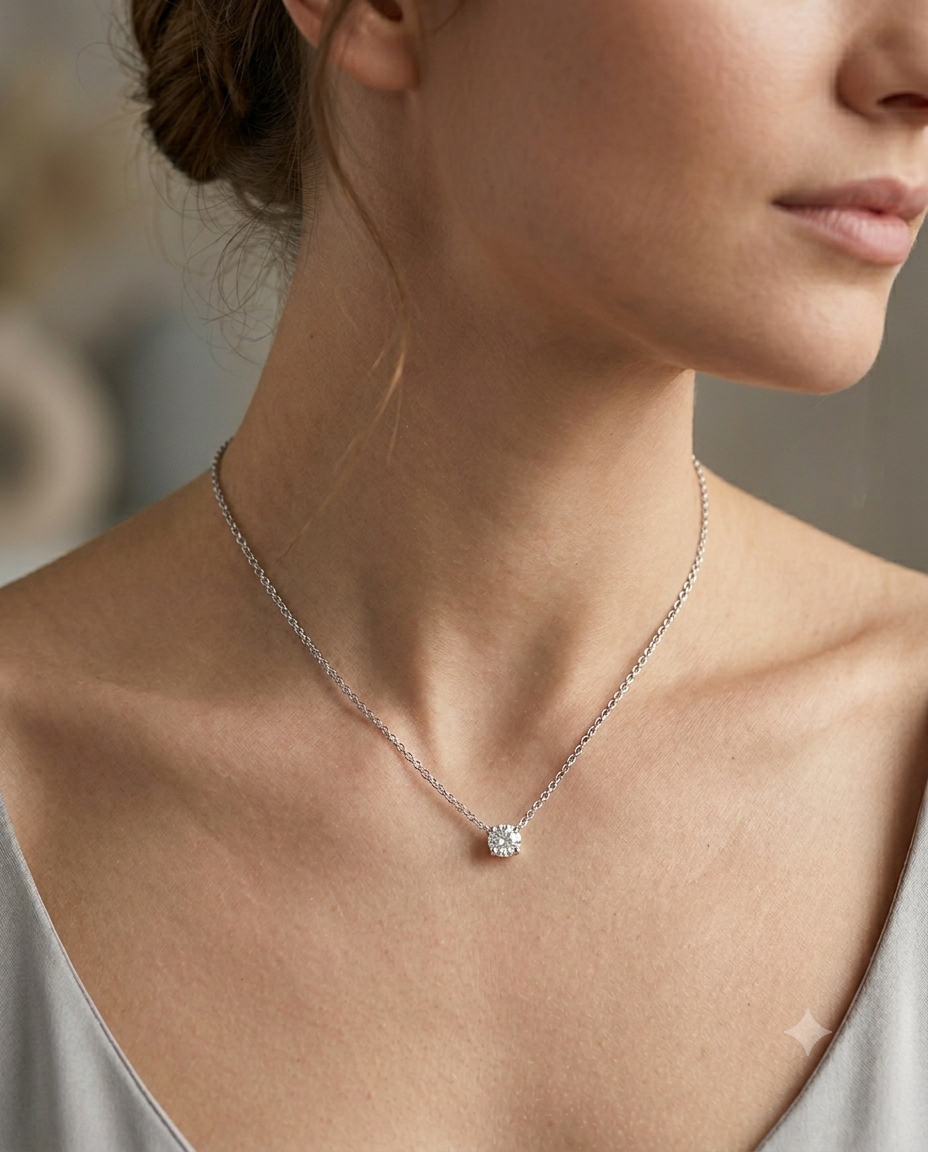 Kadın Moissanite Yuvarlak Taş Detay Gümüş Kolye