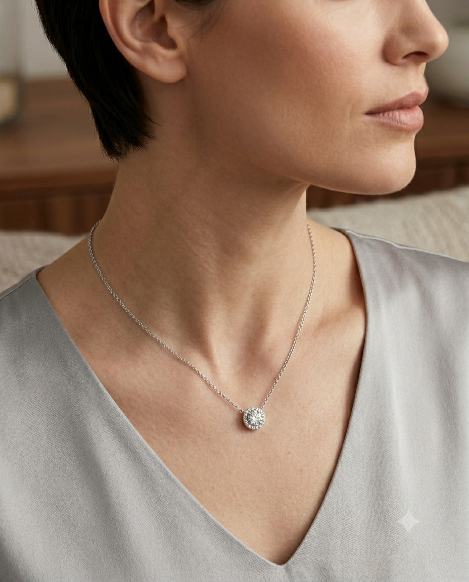 Kadın Moissanite Yuvarlak Tek Taş Model Etrafı Sıralı Taş Detay Gümüş Kolye 