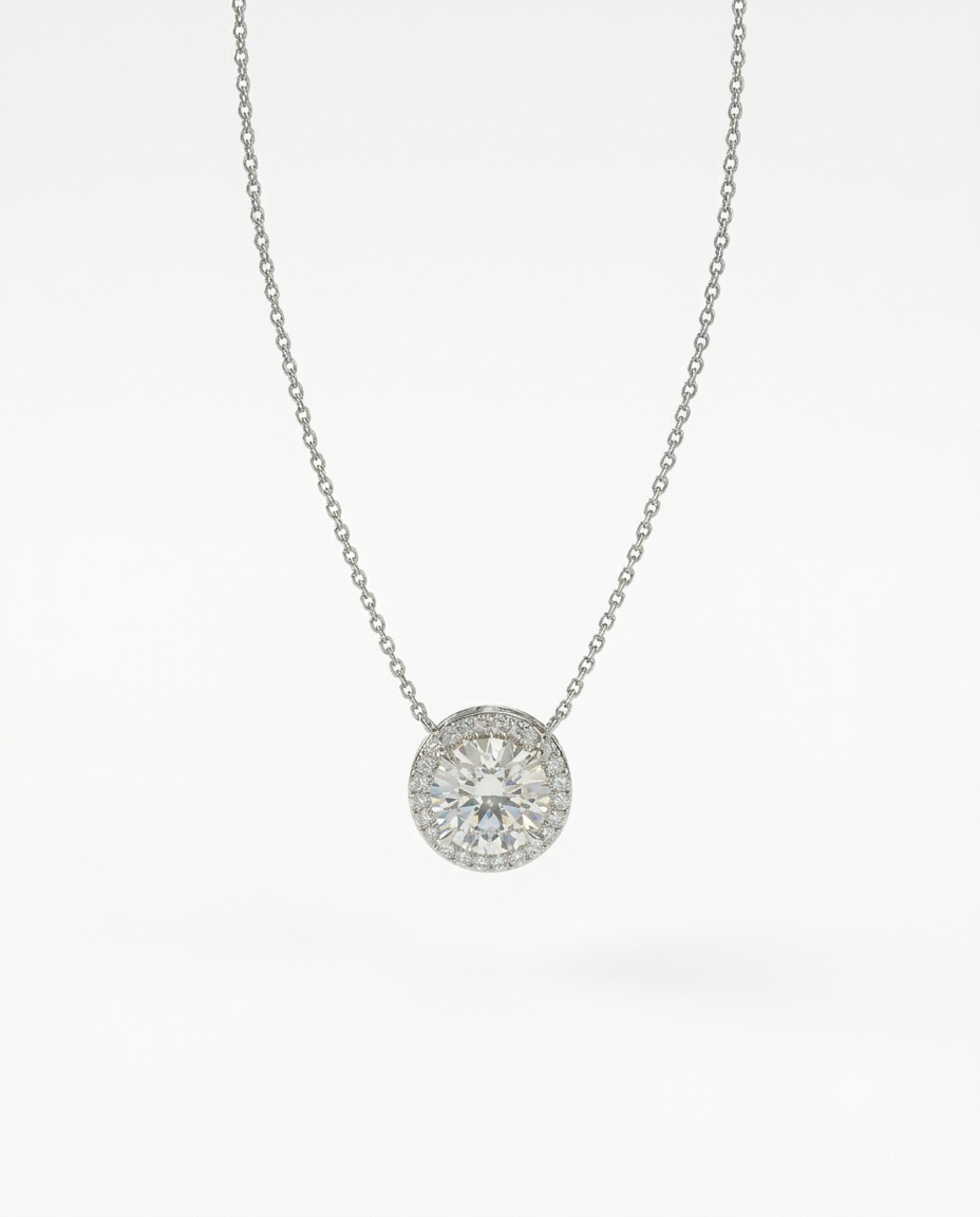 Kadın Moissanite Yuvarlak Tek Taş Model Etrafı Sıralı Taş Detay Gümüş Kolye 