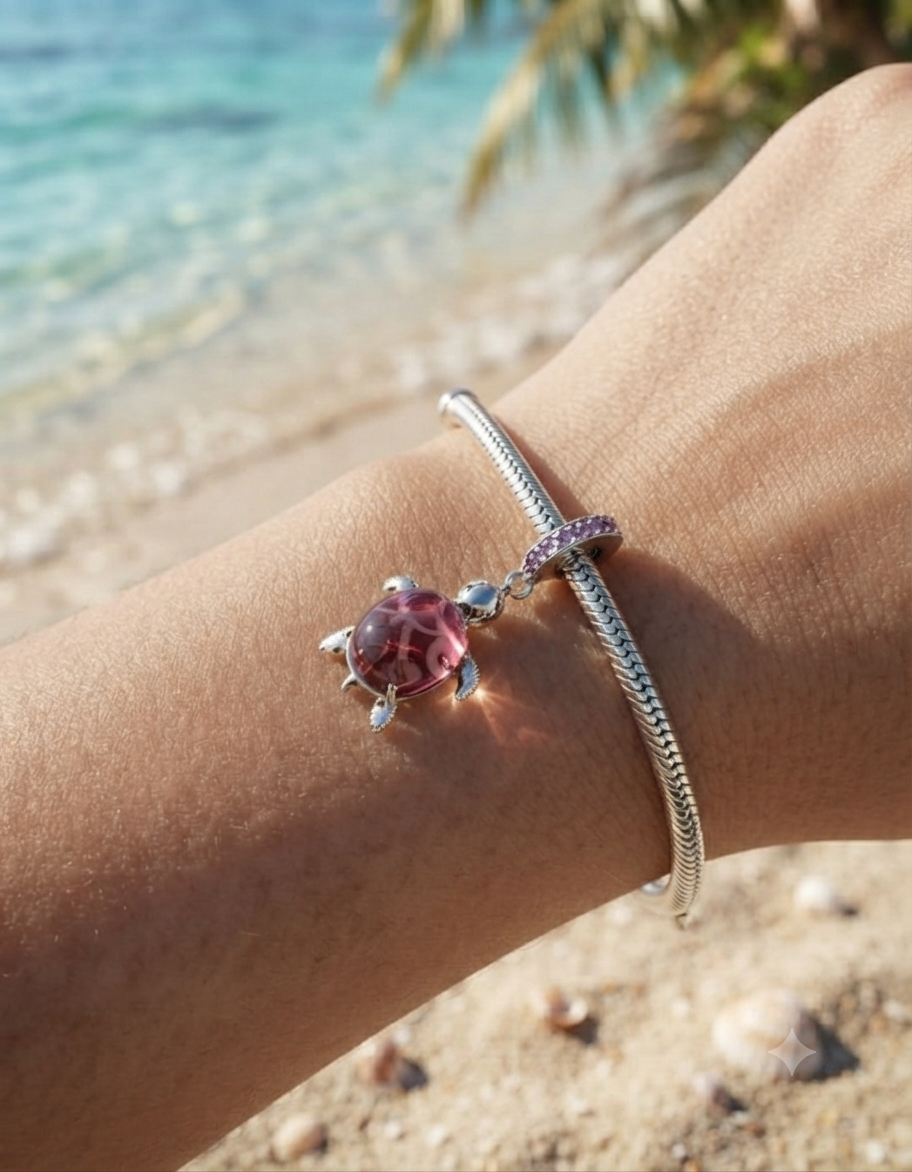 Kadın Mor Renk Taşlı Kaplumbağa Model Gümüş Charm