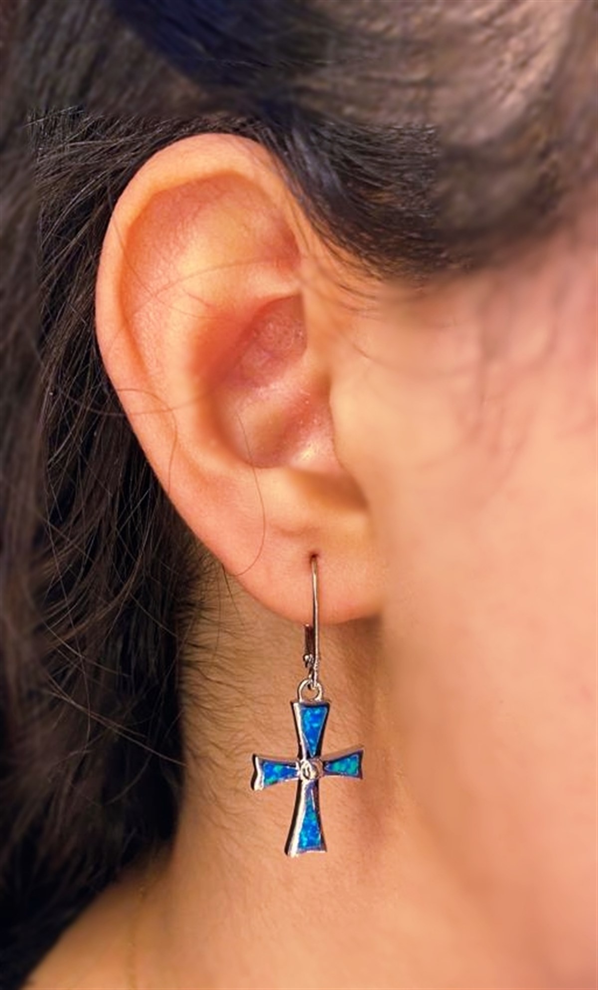 Kadın Opal Haç Model Gümüş Küpe