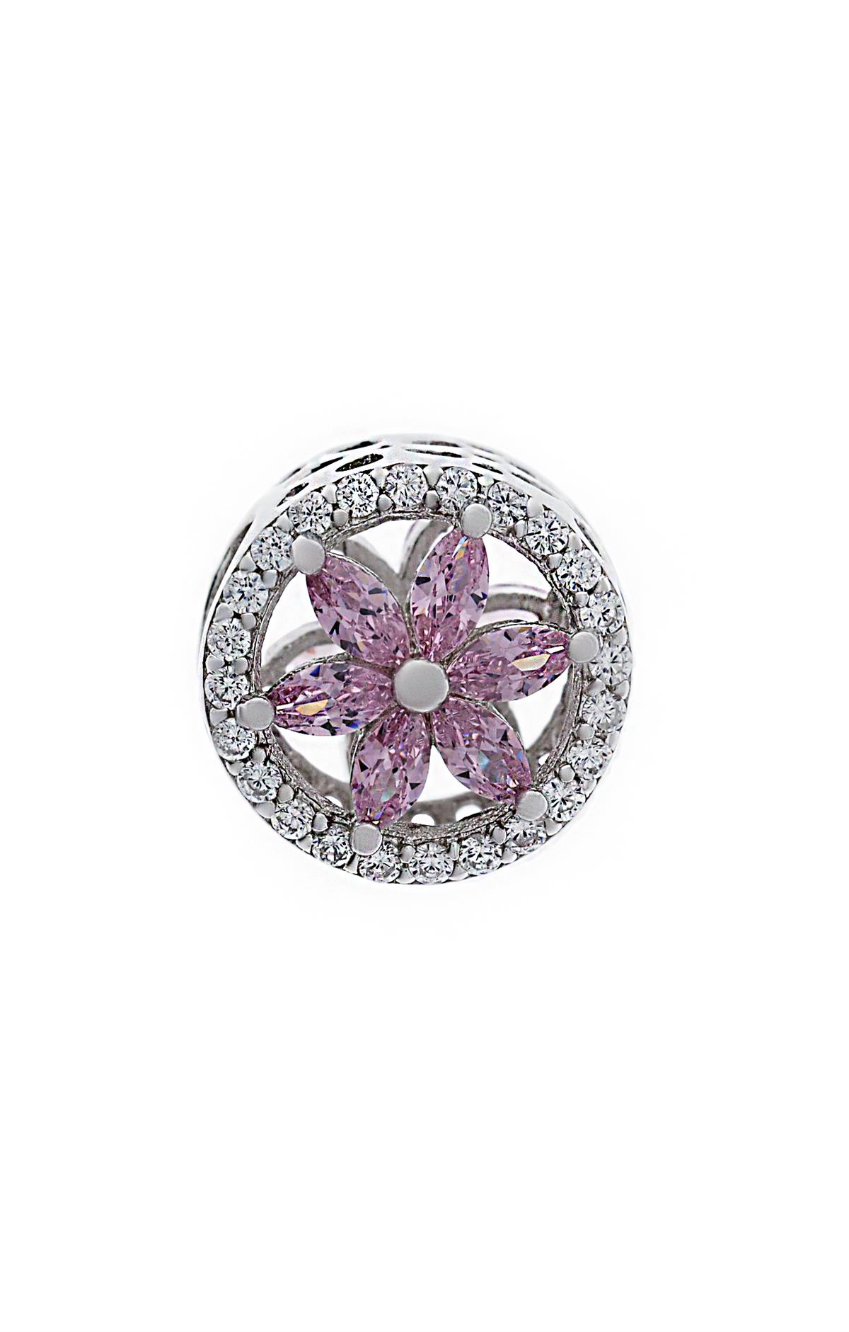 Kadın Pembe Çiçek Model Taşlı Gümüş Charm