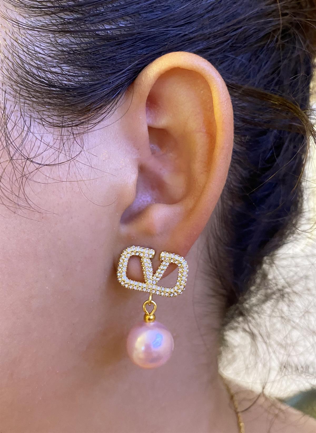 Kadın Pembe İnci Detay Taşlı Çelik Küpe