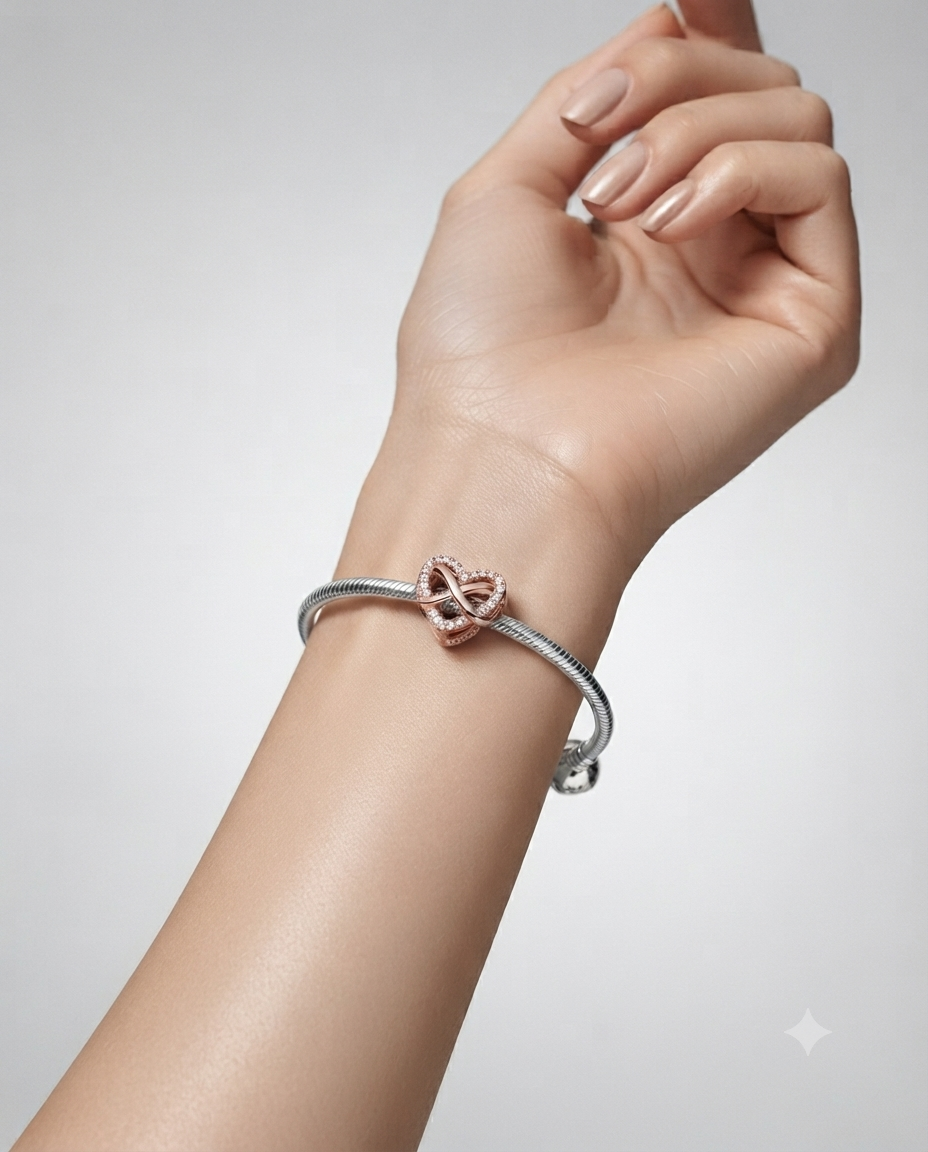 Kadın Rose Renk Kalp ve Sonsuzluk İç İçe Taşlı Gümüş Charm 