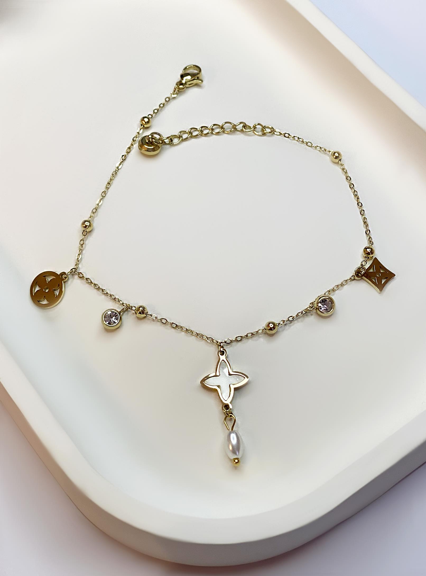 Kadın Sallanan Çiçekler ve Tektaş Model Gold Renk Çelik Halhal