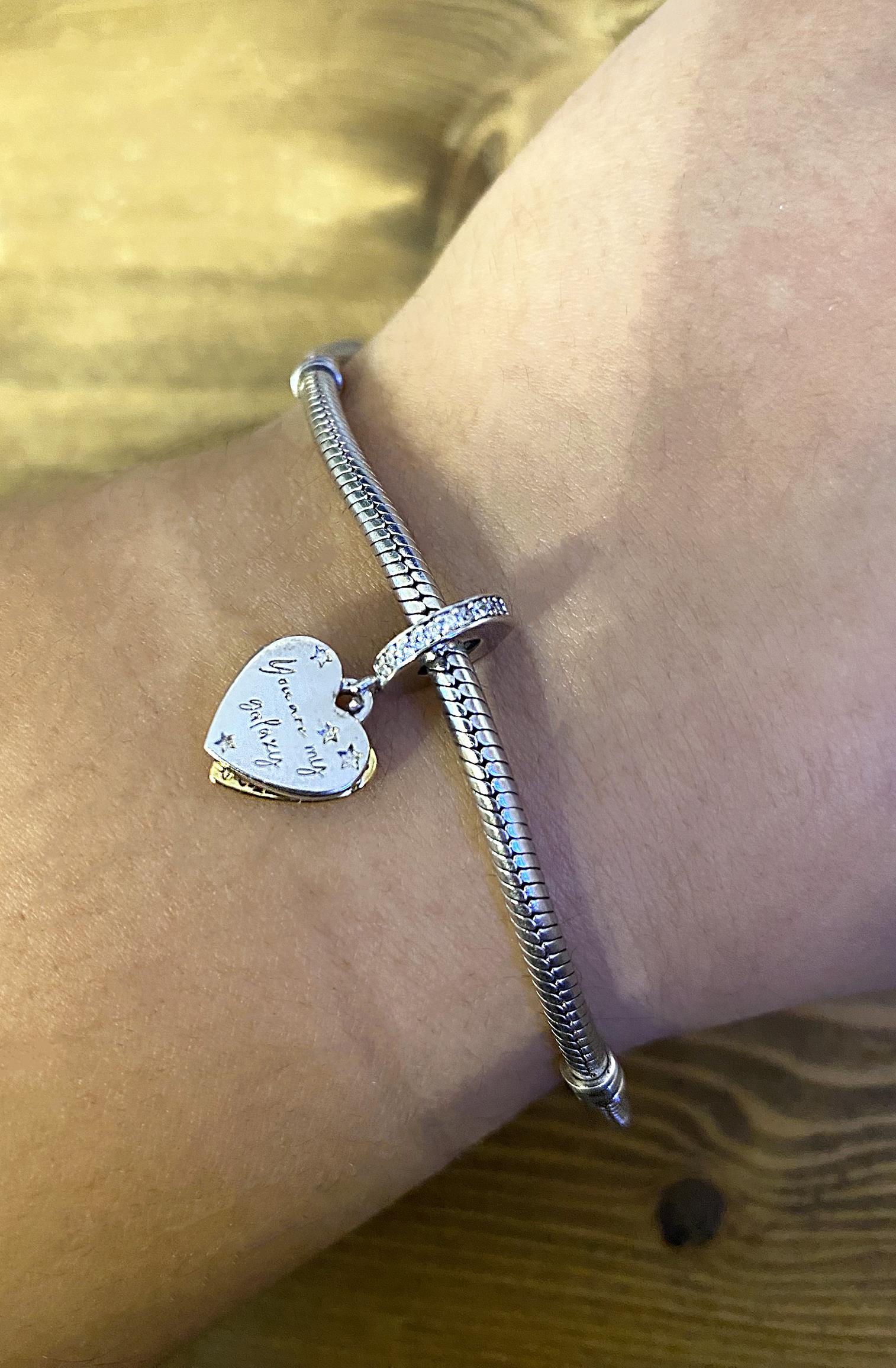 Kadın Sen Benim Galaksimsin Yazılı Kalp Model Gümüş Charm 