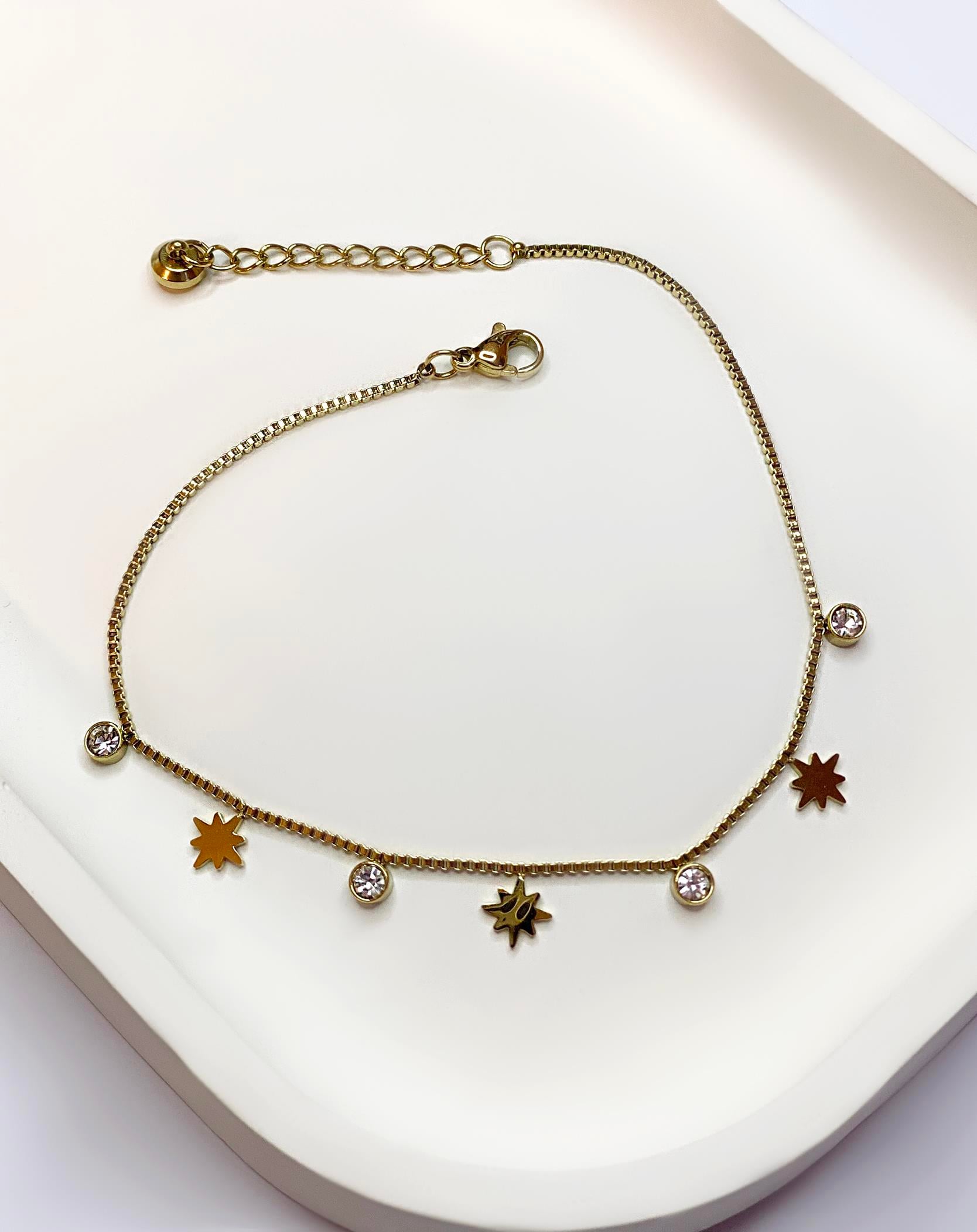 Kadın Yıldız ve Tektaş Model Gold Renk Çelik Halhal