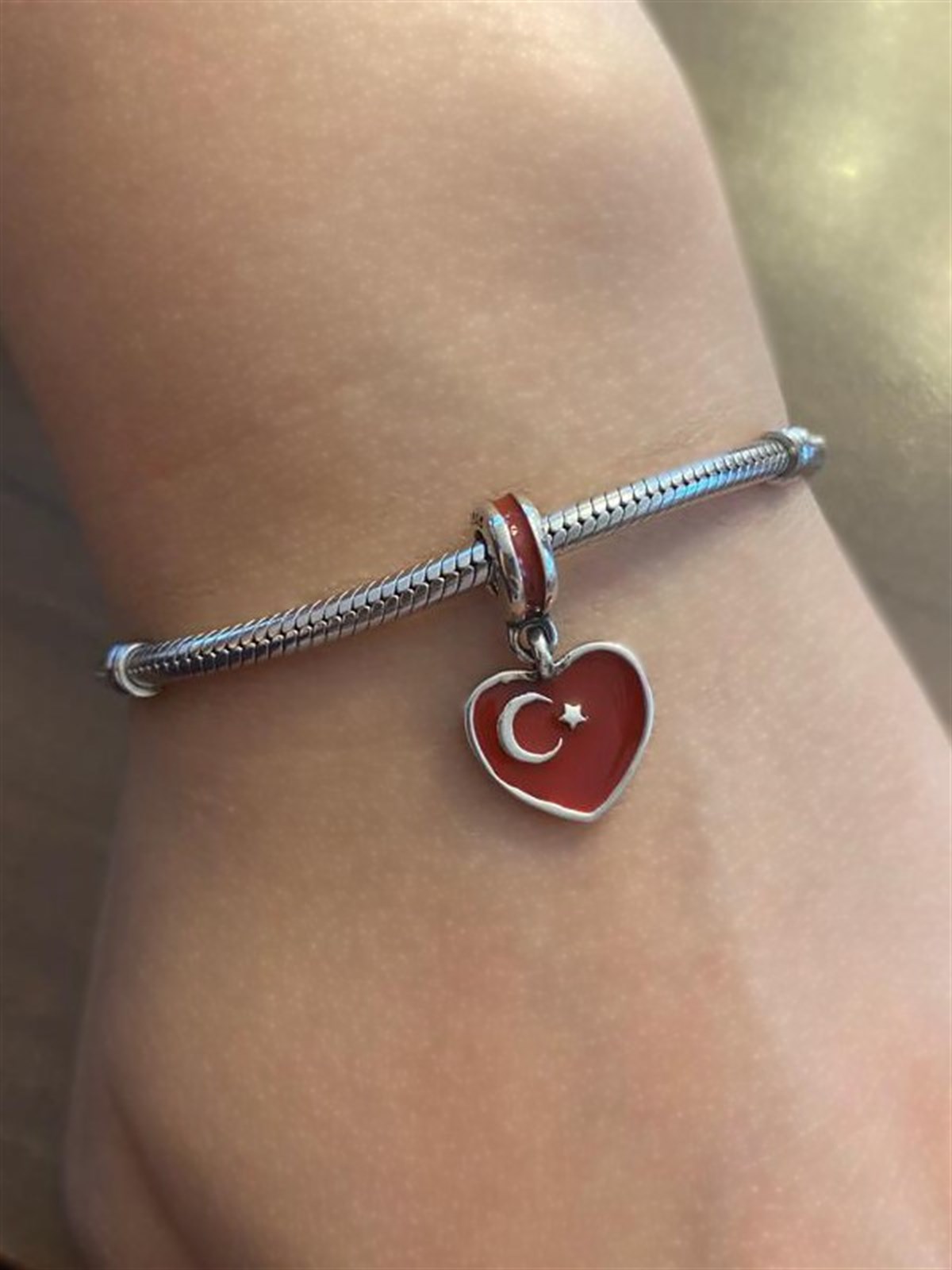 Türk Bayrağı Model Kalp Detay Gümüş Charm