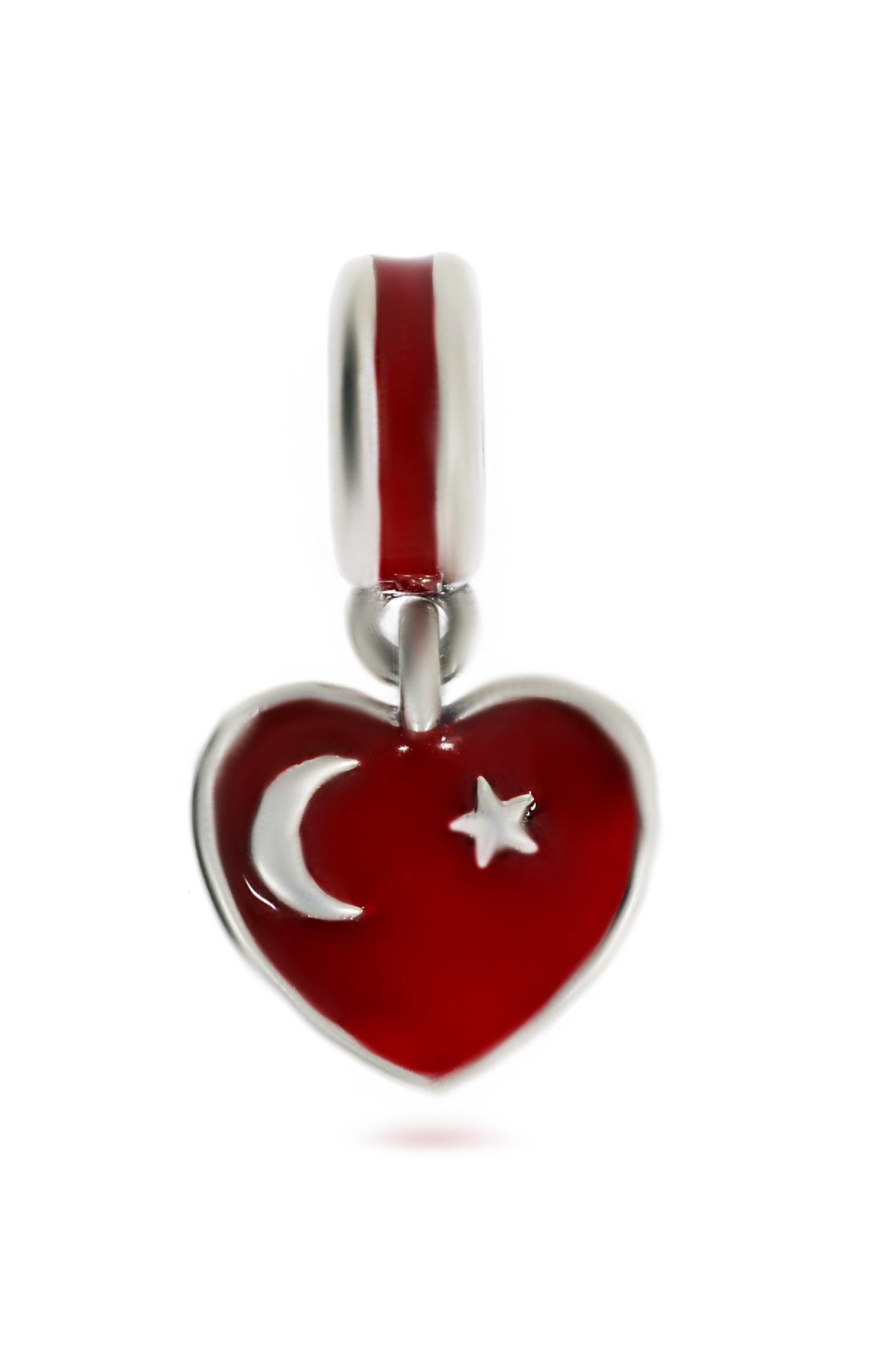 Türk Bayrağı Model Kalp Detay Gümüş Charm