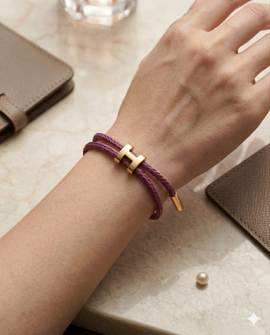Unisex H Model Gold Renk Çelik Detay Eflatun İp Bileklik