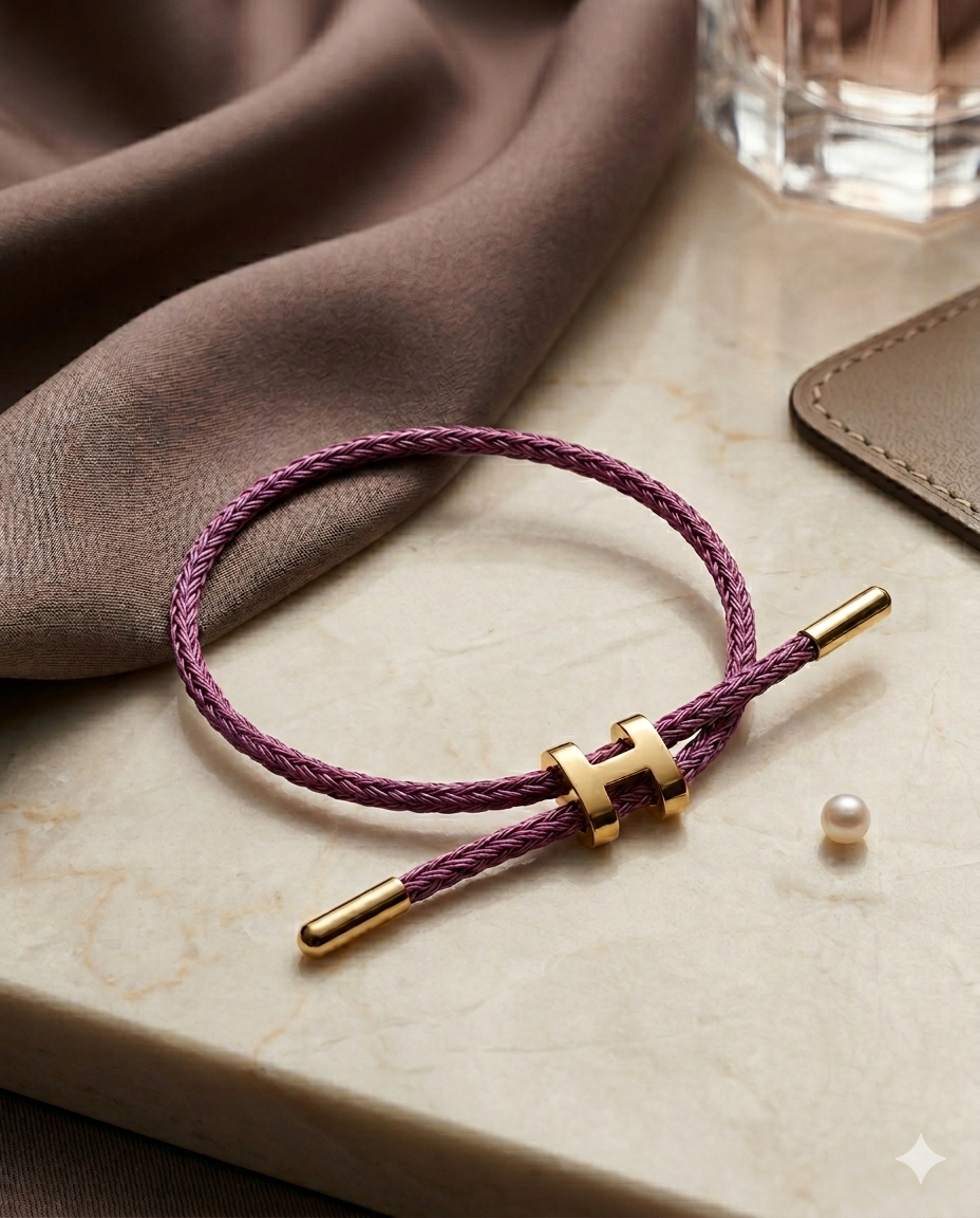 Unisex H Model Gold Renk Çelik Detay Eflatun İp Bileklik