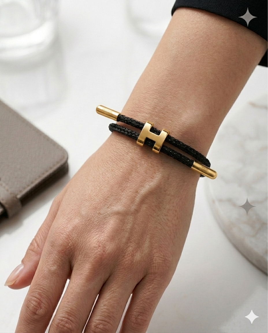 Unisex H Model Gold Renk Çelik Detay Siyah İp Bileklik