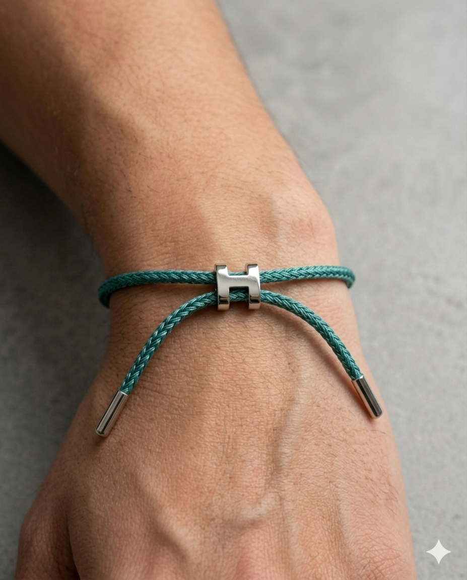 Unisex H Model Silver Renk Çelik Detay Orman Yeşili  İp Bileklik