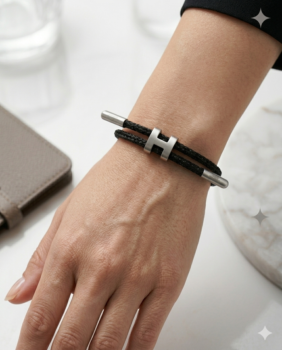 Unisex H Model Silver Renk Çelik Detay Siyah İp Bileklik