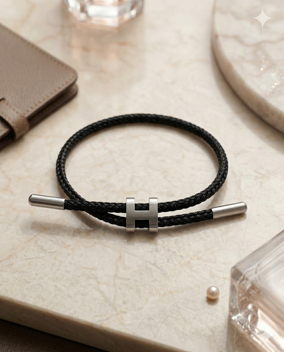 Unisex H Model Silver Renk Çelik Detay Siyah İp Bileklik