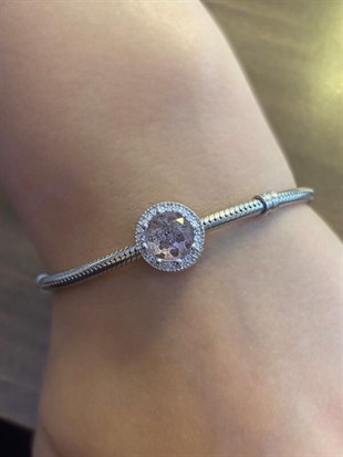  Pembe Taş Detay Yuvarlak  Model Gümüş Charm