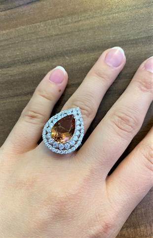 Bayan Damla Model Çift Sıra Taş Detay Sultanit Taşlı Gümüş Yüzük 