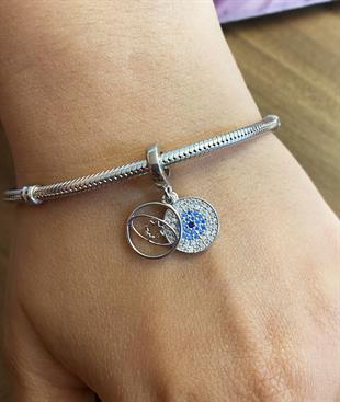 Bayan Gümüş Pandora Bileklik Uyumlu Nazar Boncuğu Model Charm