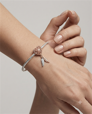 Bayan Gümüş Pandora Bileklik Uyumlu Rose Kalpli Rüya Kapanı Charm