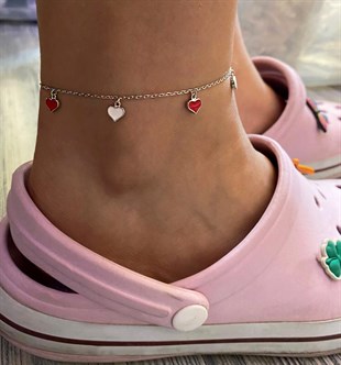 Bayan Kırmızı ve Beyaz Kalp Model Gümüş Halhal 