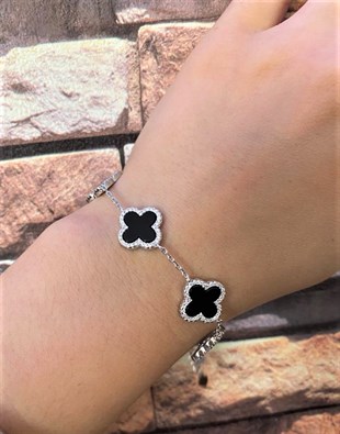 Bayan Siyah Renk Yonca Model Taşlı Gümüş Bileklik 