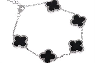 Bayan Siyah Renk Yonca Model Taşlı Gümüş Bileklik 