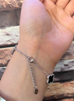 Bayan Siyah Renk Yonca Model Taşlı Gümüş Bileklik 