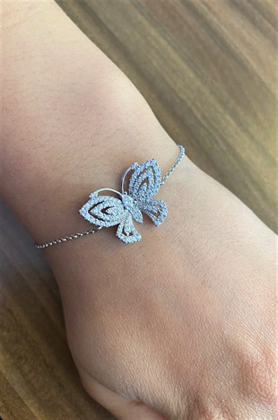 Bayan Taşlı Kelebek Model Asansörlü Gümüş Bileklik