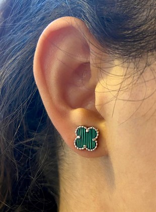 Bayan Yonca Model Yeşil Renk Detay Gümüş Küpe 