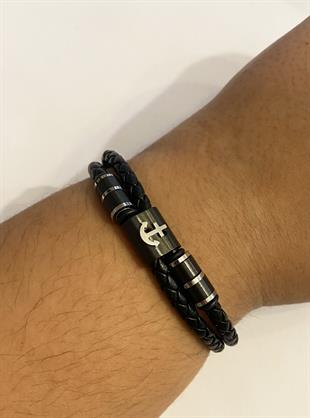 Erkek Çapa Detay Örgü Model Deri Bileklik