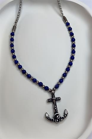 Erkek Çapa Model Lacivert Boncuk Detay Çelik Kolye