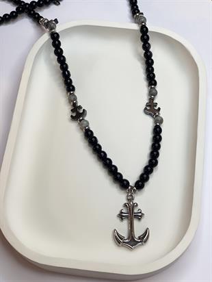 Erkek Çapa Model Siyah Boncuk Detay Çelik Kolye 