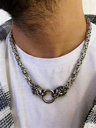 Erkek Çelik Aslan Başı Detay Kral Kolye