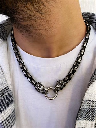 Erkek Çelik Aslan Başı Detay Siyah Kral Kolye