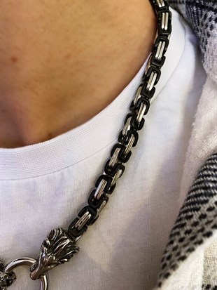 Erkek Çelik Aslan Başı Detay Siyah Kral Kolye