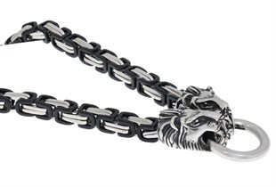 Erkek Çelik Aslan Başı Detay Siyah Kral Kolye