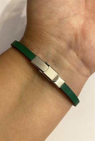 Erkek Çelik Detay Yeşil Renk Deri Bileklik