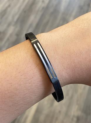 Erkek Çift Silver Renk Şerit Detay Deri Bileklik