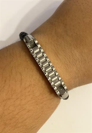 Erkek Dalgalı Silver Renk Çelik Plaka Detay Deri Bileklik