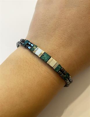 Erkek Damarlı Yeşil Renk Temalı Çelik Detay Bileklik