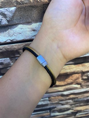 Erkek Deri ve Gold Renk Çelik Detay Bileklik