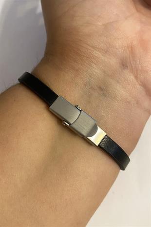 Erkek Desenli Plaka Model Siyah Deri Bileklik  