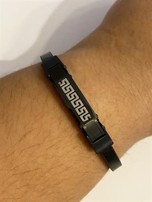 Erkek Desenli Plaka Model Siyah Deri Bileklik  