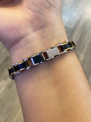 Erkek Gold Çizgi Detay Çelik Çift Taraflı Bileklik