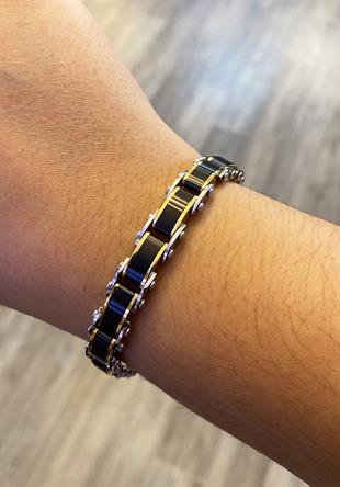 Erkek Gold Çizgi Detay Çelik Çift Taraflı Bileklik