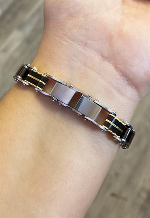 Erkek Gold Çizgili Dalga Detay Çift Taraflı Çelik Bileklik 