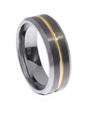 Erkek Gold Detay Gümüş Renk Tungsten Yüzük 