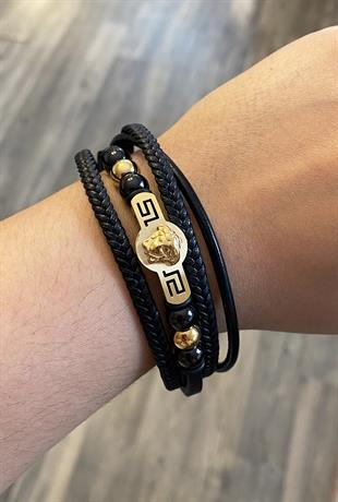 Erkek Gold Figür Detay Deri Bileklik